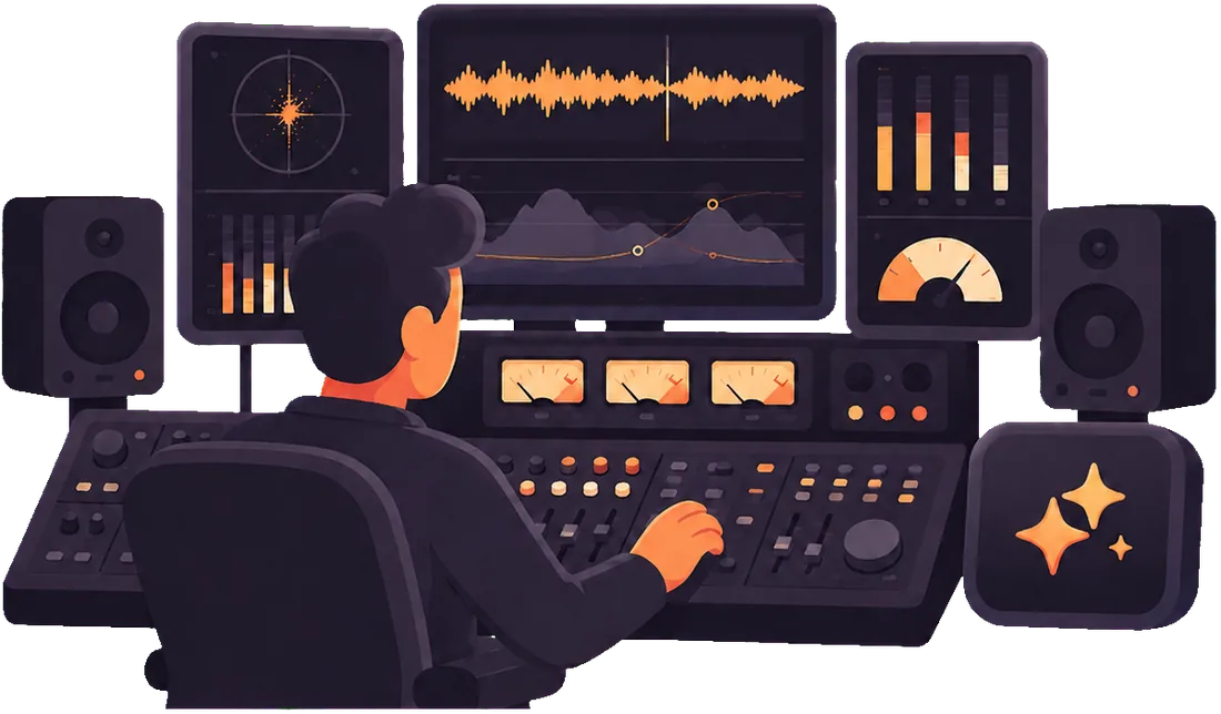 Illustration of a music producer organizing a song with meters, waveforms, and studio speakers
