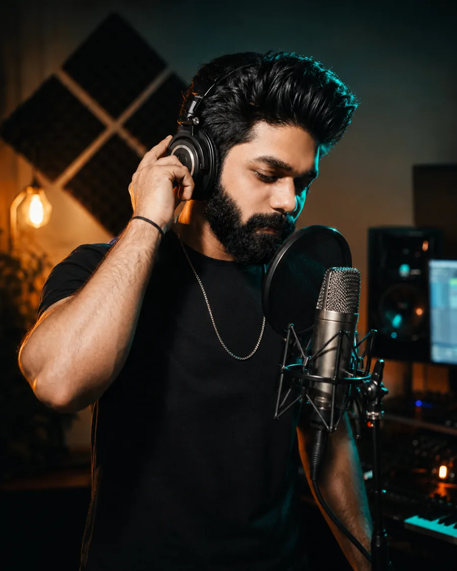 ZORA recording vocals in a studio during a music production session
